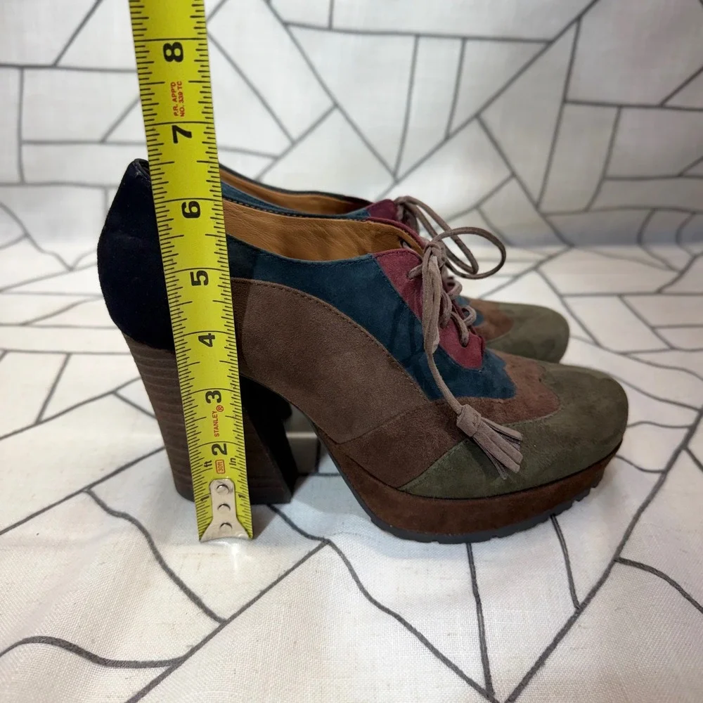 Earthies Skellig Platform Oxfords 7.5B Dark Olive Multi Suede Colorblock Tassel